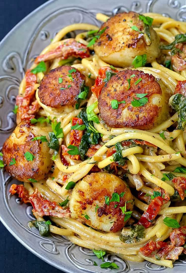 Creamy Tuscan Spaghetti with Jumbo Scallops