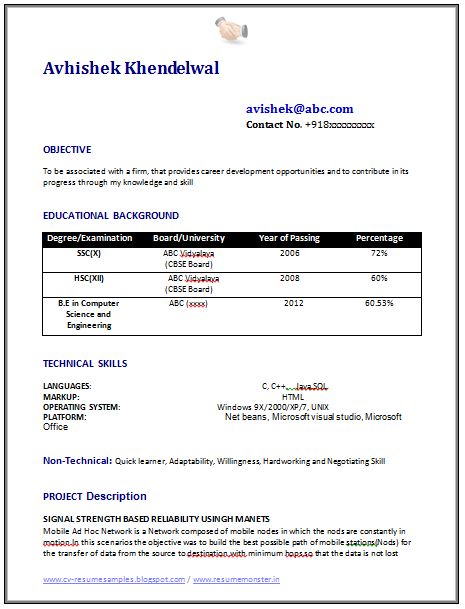 Example Resume of a B.E. Computer Science Engineer (CSE) with Professional Job Profile and Career Objective, Professional Curriculum Vitae with Free Download in Word Doc / PDF, (2 Page Resume) (Click Read More for Viewing and Downloading the Sample) ~~~~ Download as many CV's for MBA, CA, CS, Engineer, Fresher, Experienced etc / Do Like us on Facebook for all Future Updates ~~~~