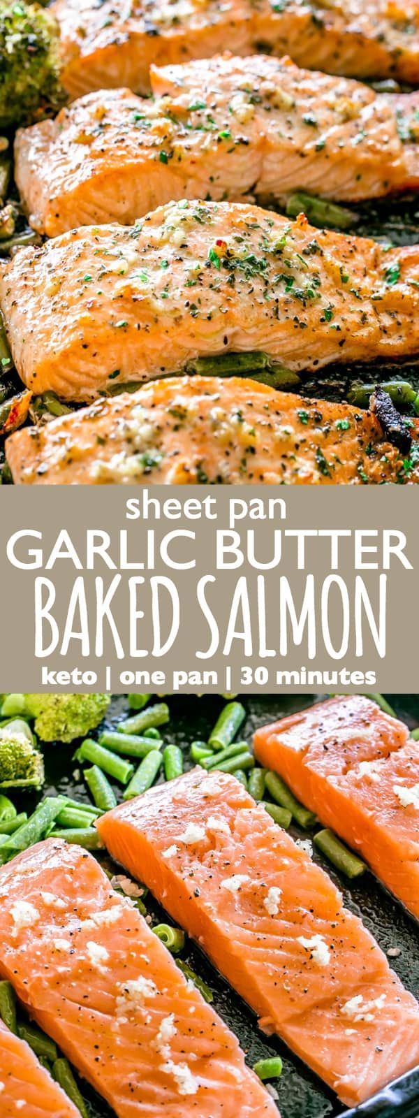 sheet pan garlic butter baked salmon with green beans and broccoli on ...