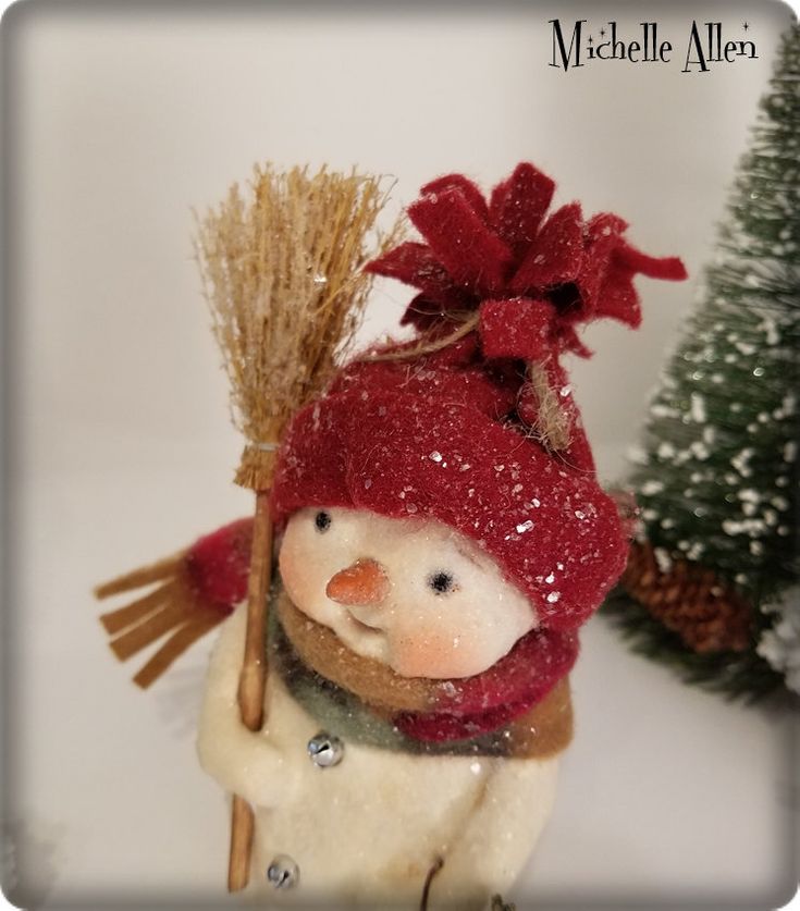 Folk Art Paper Clay Holiday Christmas BROOM Snowman Doll Sculpt Handmade By Folk Art Paper Clay Holiday Christmas BROOM Snowman Doll Sculpt Handmade By