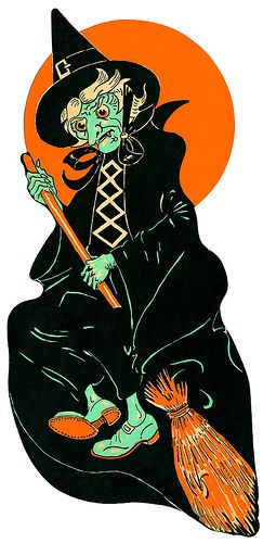witch on broom old die cut vintage halloween decoration