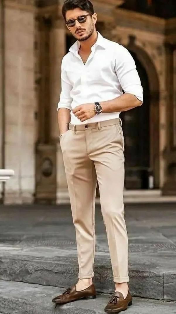 Men's simple khaki pants outfit with a white t-shirt and sneakers | Khaki  pants, Mens summer outfits, Mens outfits