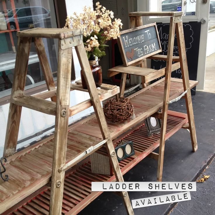 Display Shelves Created With Shutter Doors And Ladders Display Shelves Created With Shutter Doors And Ladders