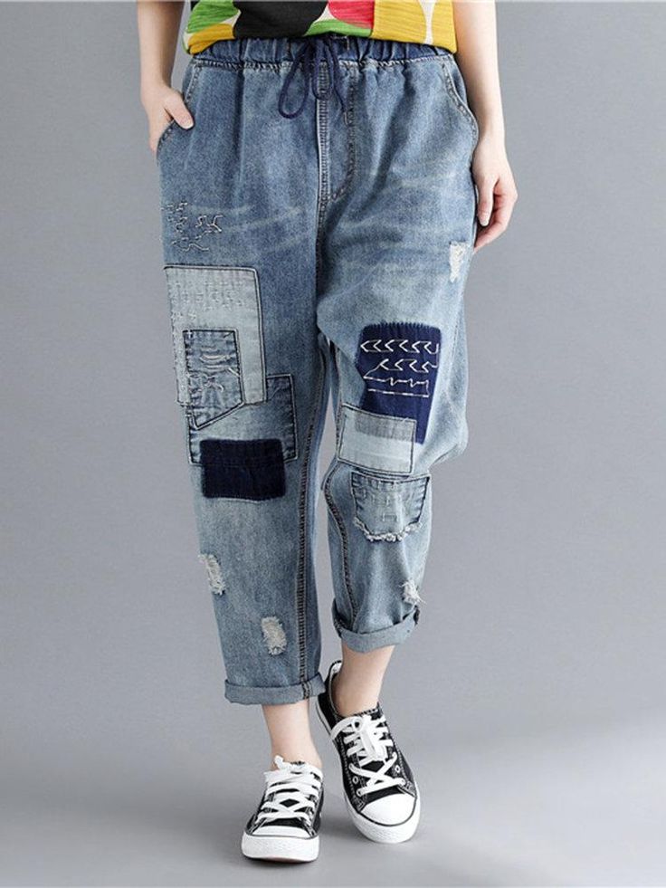 Patchwork Drawstring Ripped Jeans | Embroidered denim pants, Women ...