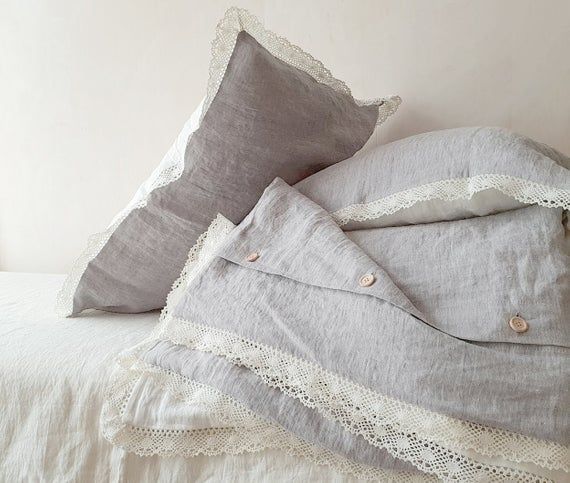 lace trimmed PILLOWCASE in melange grey Lace trimmed linen pillowcase