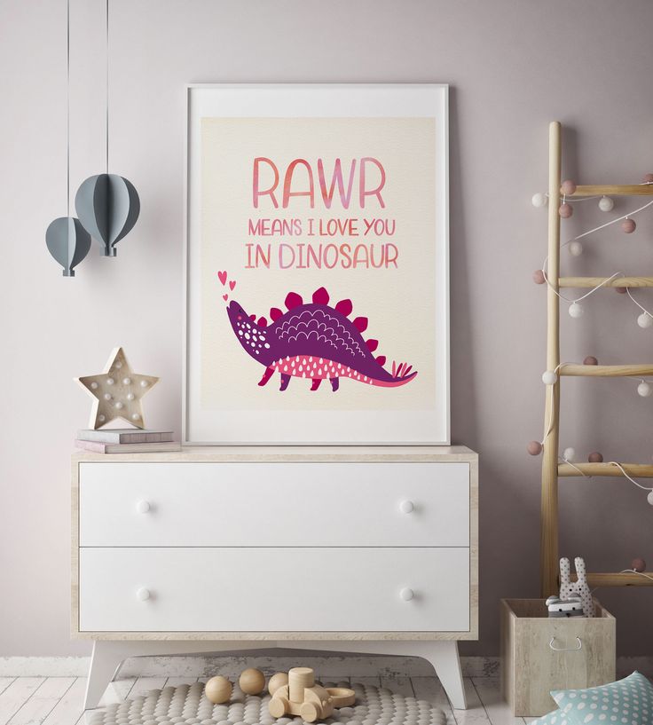 Rawr means I love you in dinosaur funny nursery quote printable girl dinosaur wa...