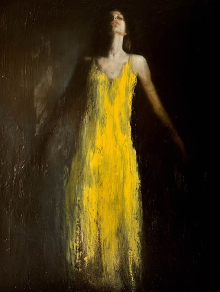 Yellow dress black umbrella painting rain Yellow dress black umbrella painting rain