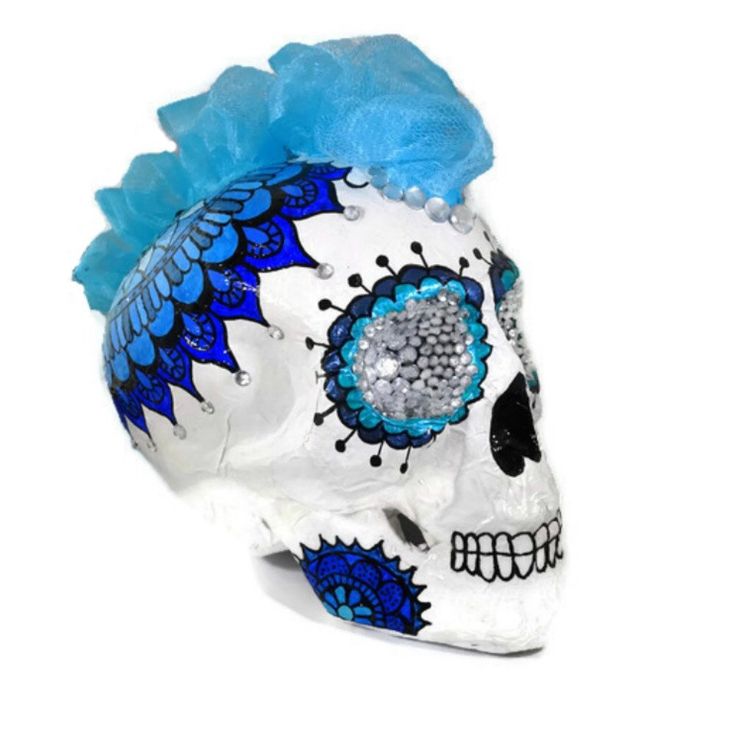 Sugar Skull-Día De Los Muertos-Skull-Mohawk Skull-3D Sugar Skull-3D Skull-Steampunk Skull-Mandala Skull-Life Size Skull-Blue Skull-Diamante
