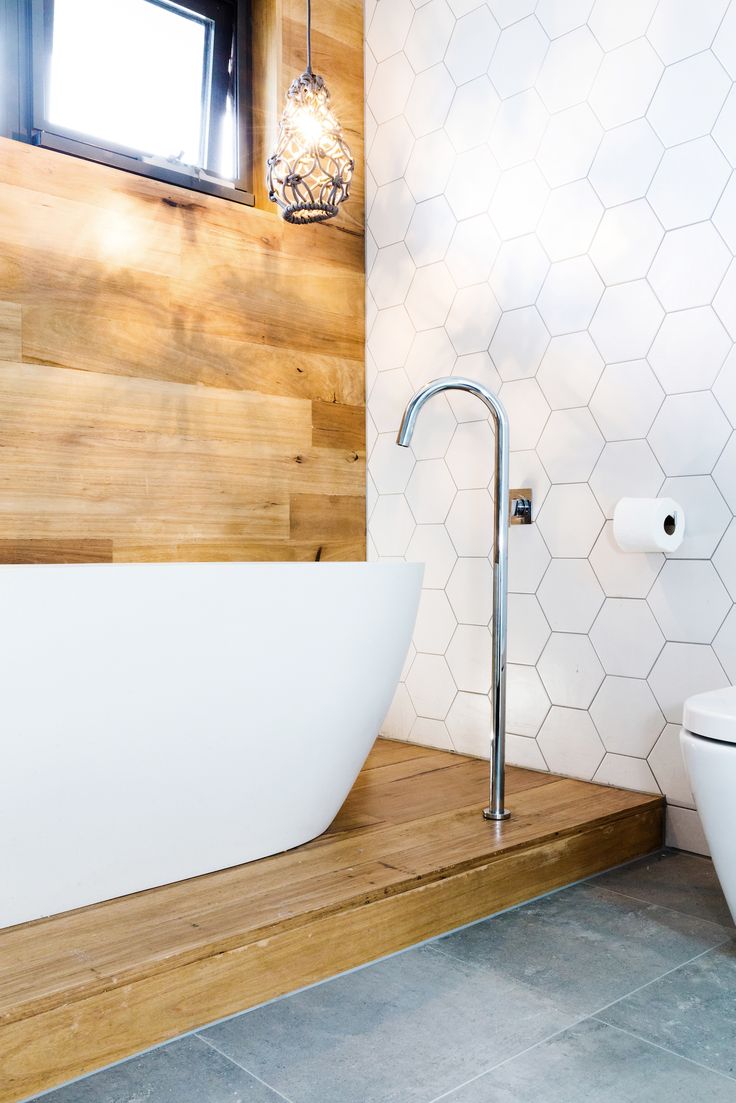 Gorgeous Bathroom Timber Feature Panelling Behind Free Standing Bath White Hexagon Tiles And Gorgeous Bathroom Timber Feature Panelling Behind Free Standing Bath White Hexagon Tiles And