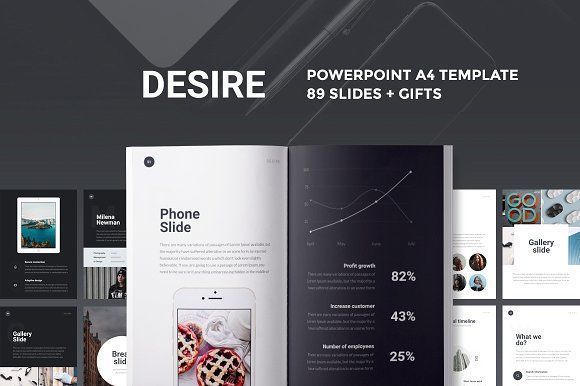 A4 | Desire PowerPoint Template by Entersge on @creativemarket Professional creative design Presentation Template Slides. Creative, modern, clean, minimalist, trendy, marketing Promotion Promo Posts for Business, Proposal, Marketing, Plan, Agency, Startups, Portfolio Design Layout.