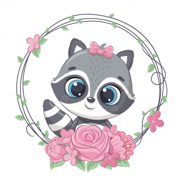 Download Cute Summer Baby Raccoon With Flower Wreath. Illustration ...