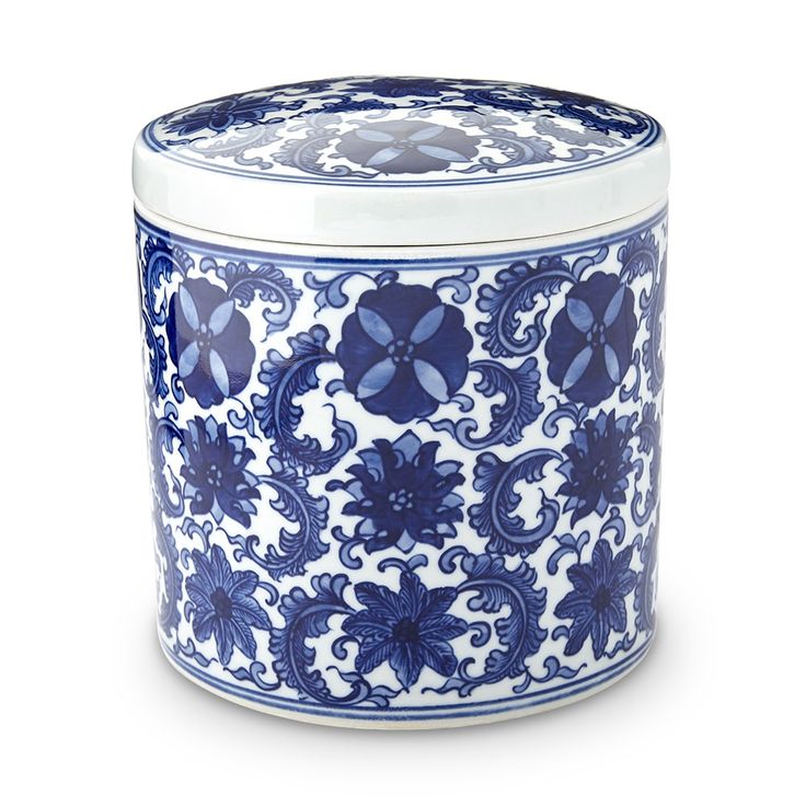 Blue and white canister