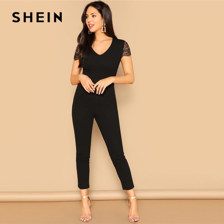 SALE -90% | SHEIN Schwarz V-ausschnitt Spitze Hülse Dünne Overall 2019 Frauen Mittlere Taille...