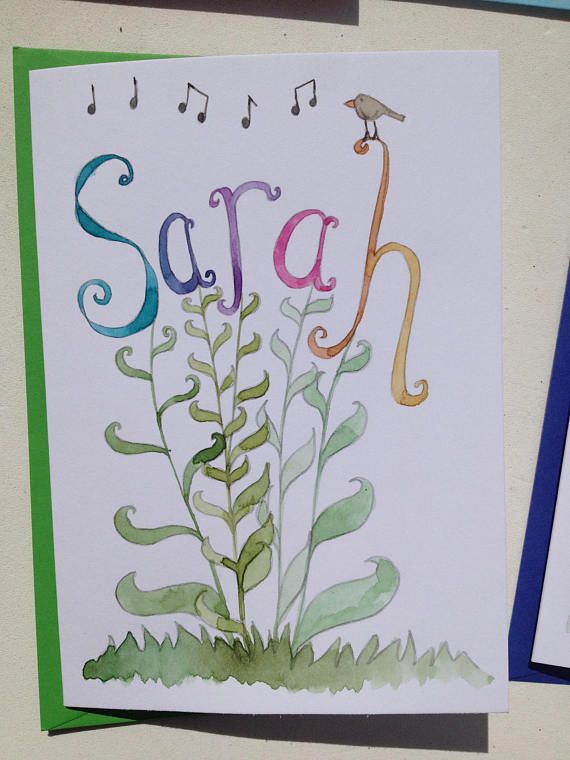 Watercolour hand painted card with stems and leaves leading to letters of name or word of your choice. Option of a bird singing perched on the name or word. Pictures shown in this listing are examples only and not for sale, I am able to reproduce words shown or create new names -