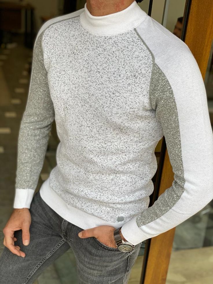 White Slim Fit Patterned Mock Turtleneck Sweater for Men by