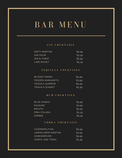 Black and Gold Elegant Cocktail Menu Cafe menu design Menu design