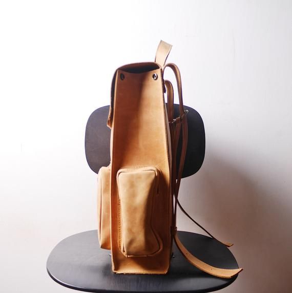 Handmade Tan LEATHER Backpack Rucksack on Snap buttons from cowhide leather Simple leather Hipster backpack with one front pocket
