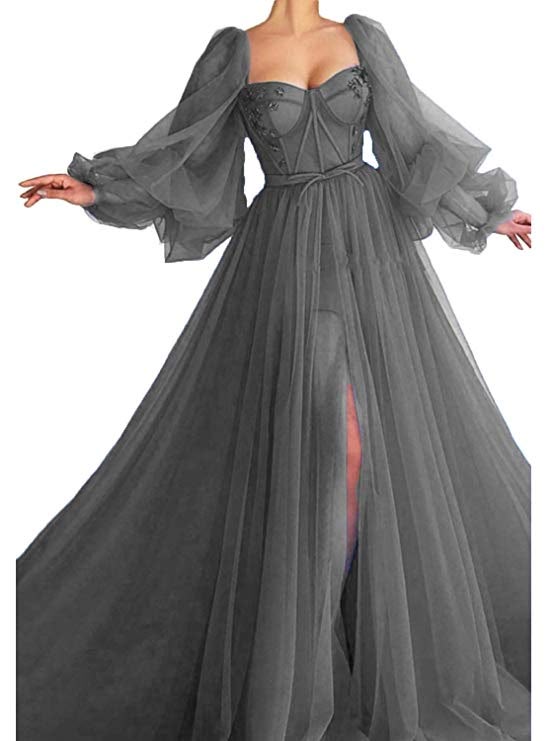 Xijun Long Puffy Sleeve Prom Dress Long with Split Evening Gowns