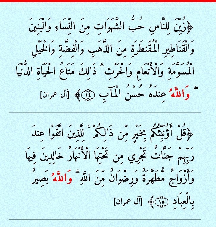 ومن دلائل الإعجاز آيتان متتاليتان في سورة العمران 14 15 ، متساويتان في عدد الكلمات ، كل آية أربع وعشرون كلمة ، فيوافق المعنى معادلة الرياضيات.