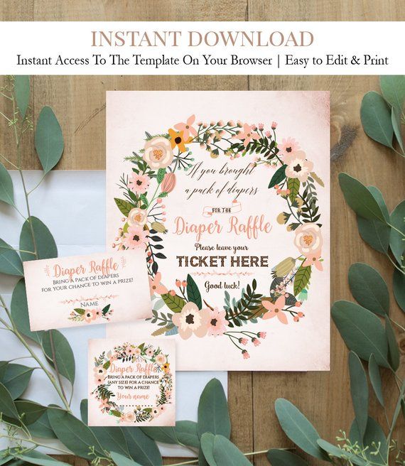 Spring Blush Floral Printable Baby Shower Diaper Raffle Insert Template No downloading software! EASY