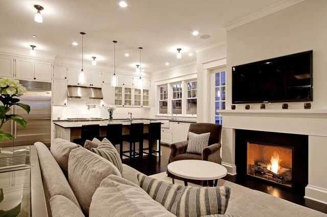Chic comfy, cozy open living room kitchen design with gray sofa ... Chic comfy, cozy open living room kitchen design with gray sofa ...
