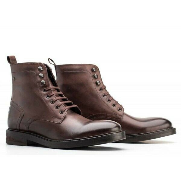 Base London HOPKINS Mens Leather Lace Up Casual Brogue Ankle Boots Burnished Tan