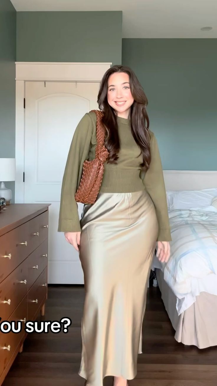 Green Outfit With Beige Satin Skirt