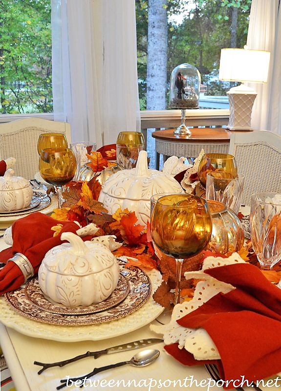 autumn fall table setting with spode woodland pumpkin tureens twig flatware and mercury glass - Halloween Place Settings autumn fall table setting with spode woodland pumpkin tureens twig flatware and mercury glass - Halloween Place Settings