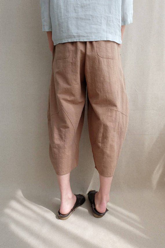 Men Cropped Trousers Linen Cotton Capri Pants Harem Shorts Baggy Calf Length