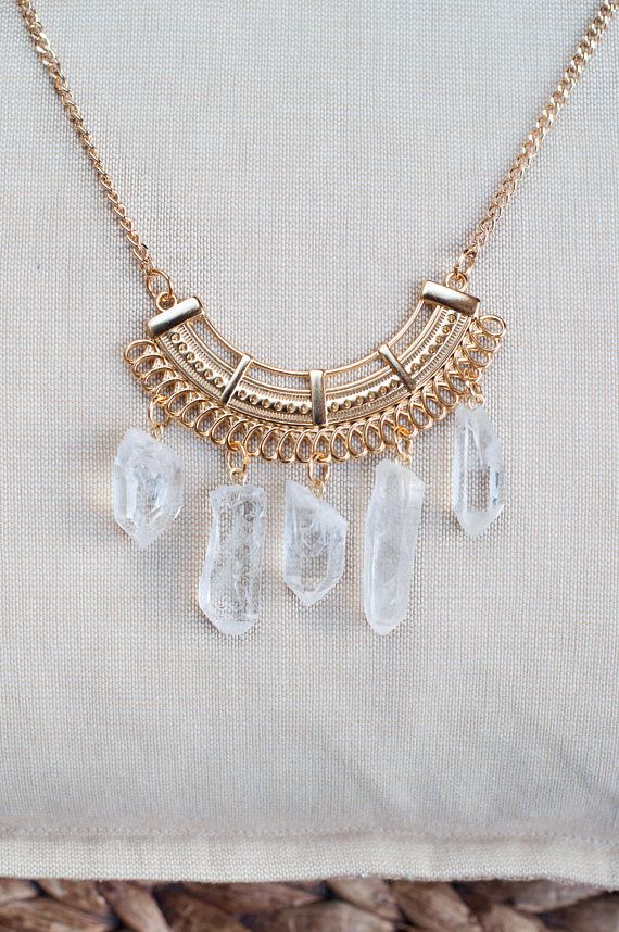Gold Necklace Clear Quartz Stone Pendant Tassels Bohemian Style Inspired