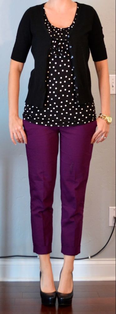 outfit post: purple cropped pant, black & white polka dot blouse, black cardigan outfit post: purple cropped pant, black & white polka dot blouse, black cardigan
