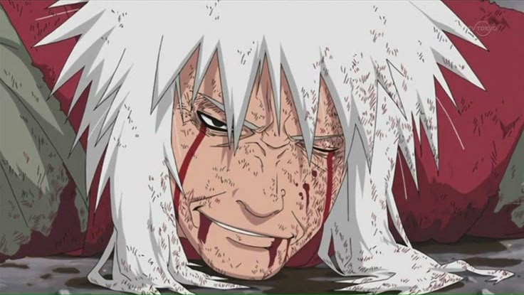This may contain: an anime character with white hair and blood on his face is looking at the camera