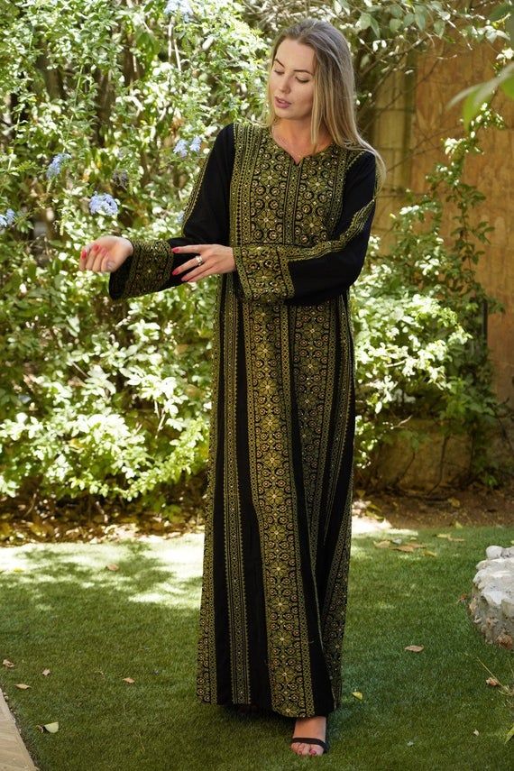 Princess Thobe Embroidered Palestinian Maxi Dress Long Sleeves Kaftan Palestinian Design And Embroidery