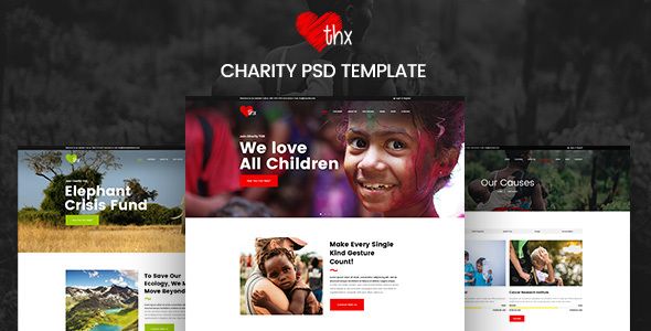 THX – Charity & donation PSD Template. Useful template and web elements for charity, donation and ecology campaigns. Modern colors, practical layout and simple forms. Free font Poppins from Goo...