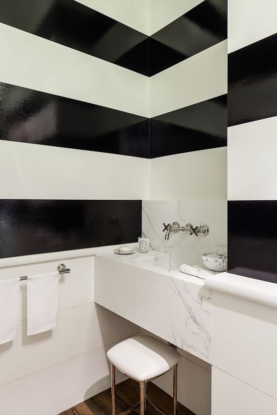 High Gloss Paint Black White Stripes Powder Room Very Hollywood High Gloss Paint Black White Stripes Powder Room Very Hollywood Regency Decorate Pinterest Bathroom And