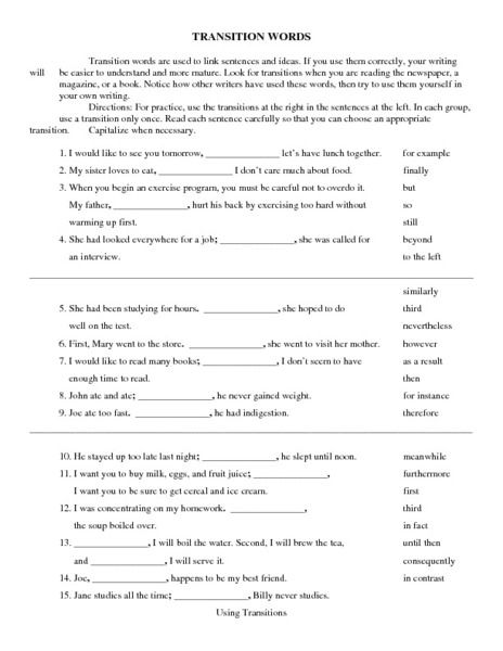 Transition Words Worksheet | Lesson Planet | Transition ...