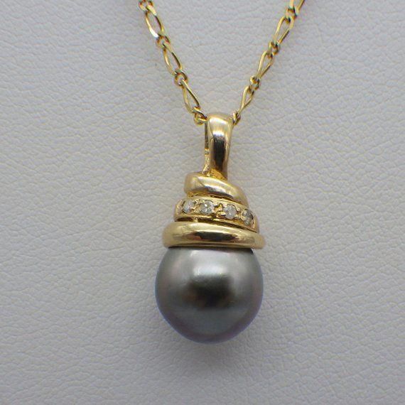 14k Yellow Gold Diamond Tahitian Pearl Pendant Necklace Vintage 1960s Fine Jewelry Chain Anniversa In 2020 Fancy Precious - Black Pearl Pendant Necklace Yellow Gold