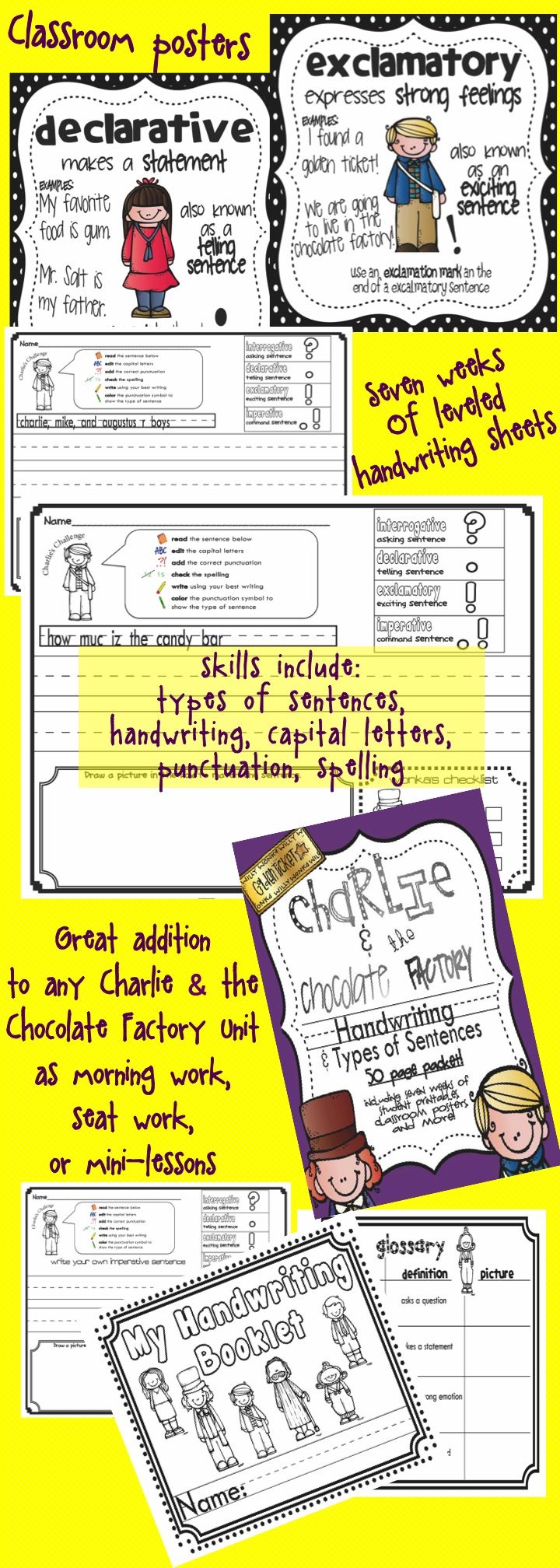 worksheet Declarative Imperative Interrogative Exclamatory Worksheets 39 best sentences declarative exclamatory interrogative command charlie and the chocolate factory handwriting packet types of sentences