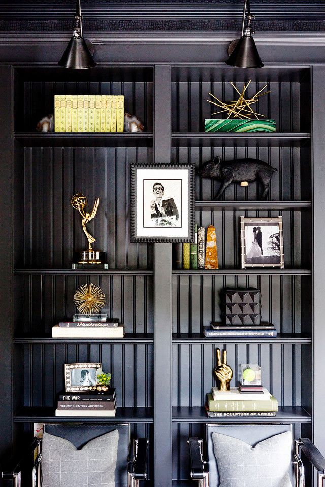 Moody Home Library With Matte Black Painted Bookshelves Black Sconces And Agate Decor Details Moody Home Library With Matte Black Painted Bookshelves Black Sconces And Agate Decor Details