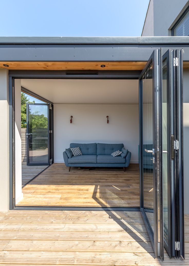 Modern Bi Fold Doors Grey Aluminium Profile Level Threshold Timber Decking Floor Bifold Patio House Extension Design Modern Bi Fold Doors Grey Aluminium, How To Level Patio Doors