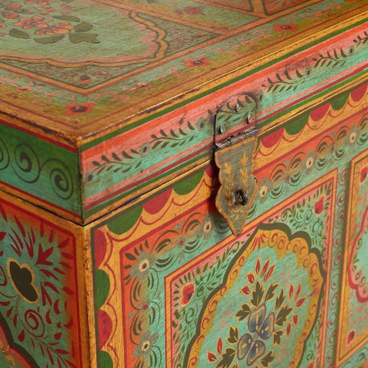 Antique Indian Wooden Hand Painted storage chest Trunk