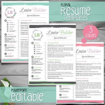 *** 3 *** VERSIONS OF FLORAL Teacher Resume Template | Teacher CV Template + Cover and Reference Letters for MS Power Point → FULLY EDITABLE (headers, lines, and icons) with PowerPoint