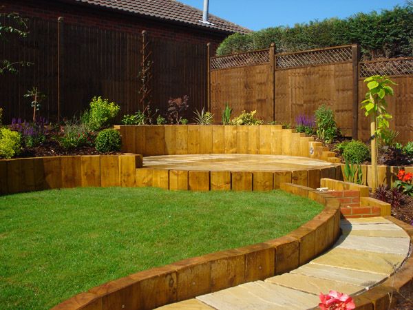 this sloped garden has curved landscaping with the slope held back with vertical wood panels again in line with our thoughts but using sleepers - Garden Ideas Using Sleepers this sloped garden has curved landscaping with the slope held back with vertical wood panels again in line with our thoughts but using sleepers - Garden Ideas Using Sleepers
