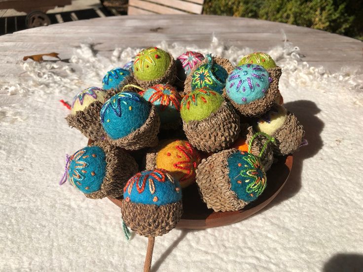 Felted Acorn Burr Oak Acorn with embroidered felted ball
