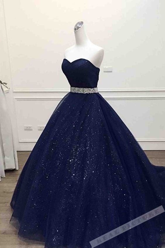 Dark Blue Tulle Sweetheart Sequins bodenlanges Ballkleid-Kleid, 41202 #41202 #b...