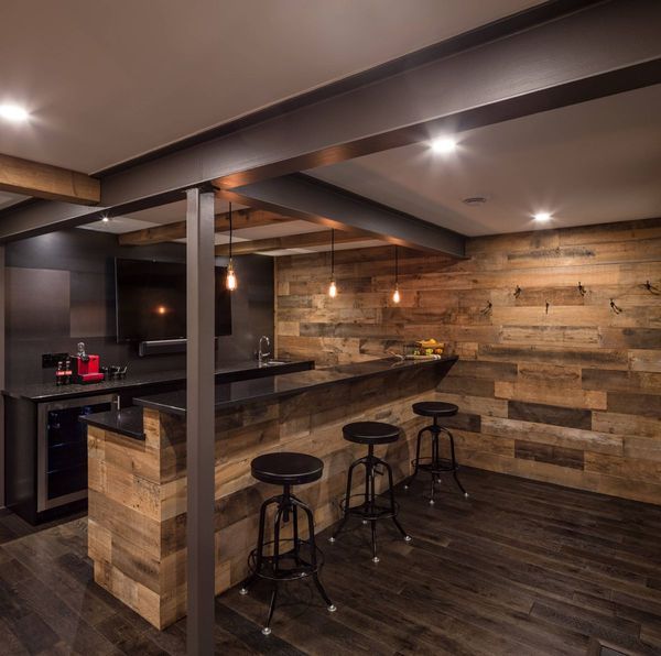 Rustic Basement Bar Steel Beams Wood Wall Color Schemes