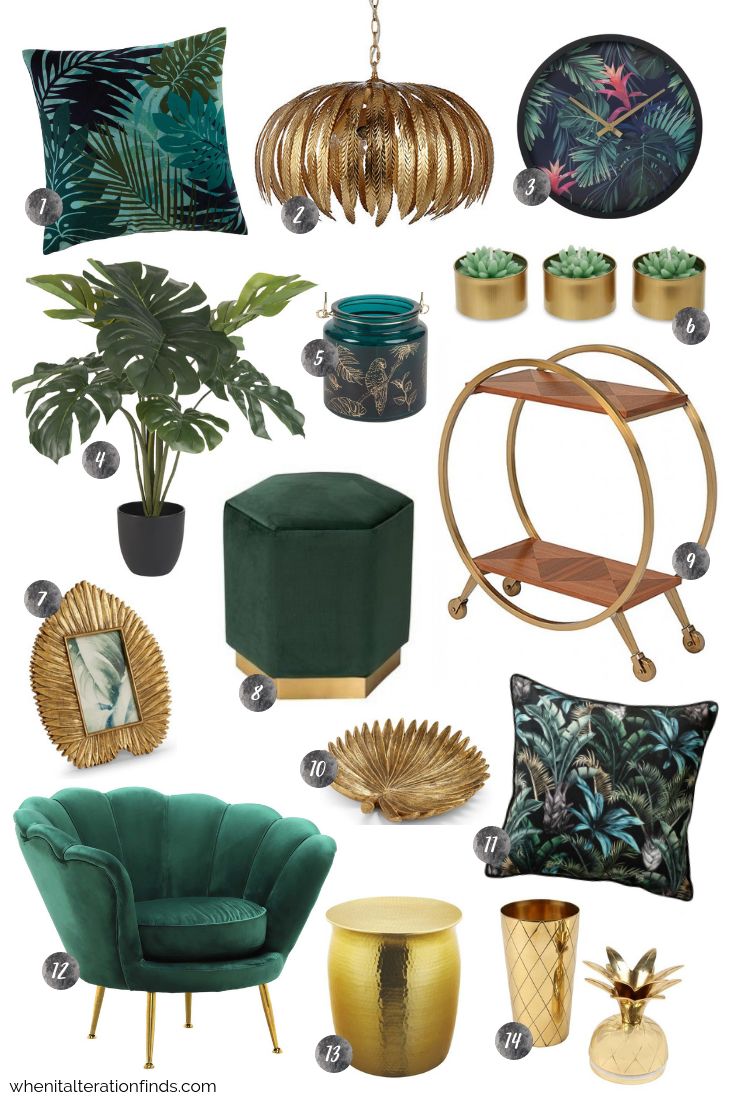 Green and gold living room | Tropical velvet luxury home decor ideas | When It A...