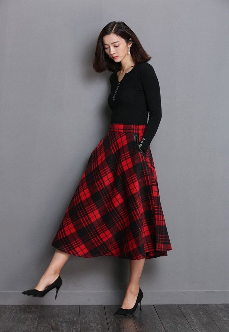 Women High Waist Midi Plaid Skirt in British Style Woolen Plus Size A Line Pleated Skirts Green XL
