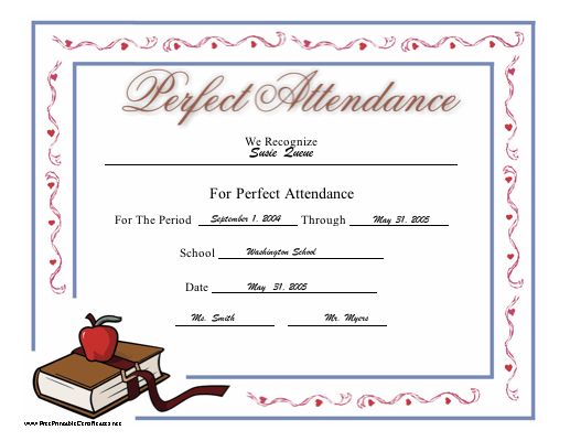 This printable certificate honoring perfect attendance at school features a red apple atop a book. Free to download and print