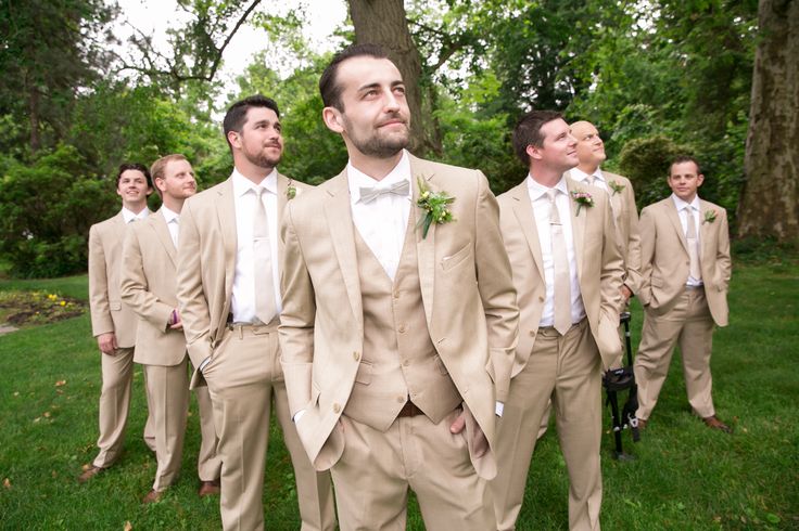 Rustic wedding. Outdoor wedding. groomsmen. tan suits. generation tux